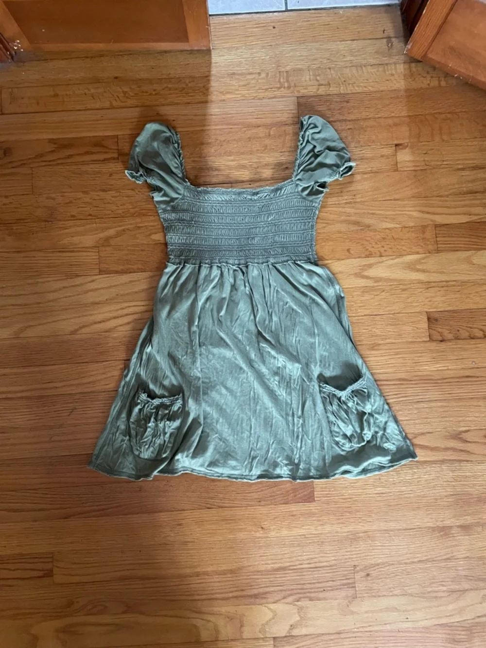 Olive Green Smocked Puff-Sleeve top - Picture 1 of 3